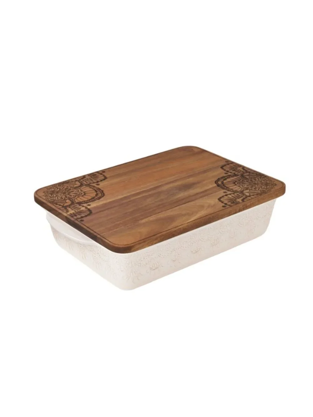 The Pioneer Woman Home White Vintage Lace Ceramic Casserole Baking Wood Lid Dish
